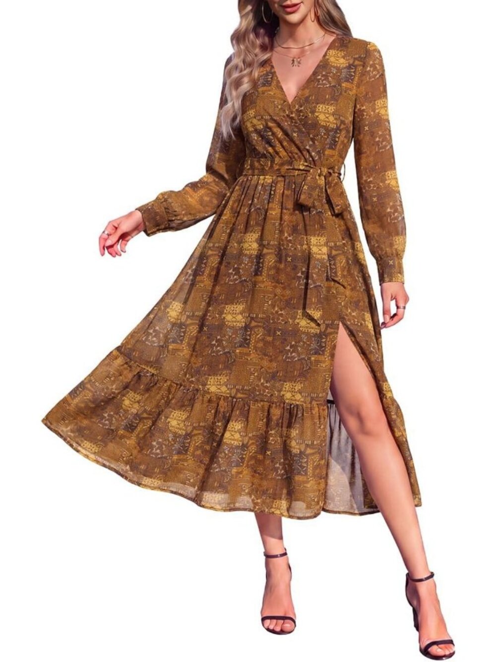 Chic Long Sleeve Midi Dress for Women - Fall Chiffon with Pockets, Stylish
